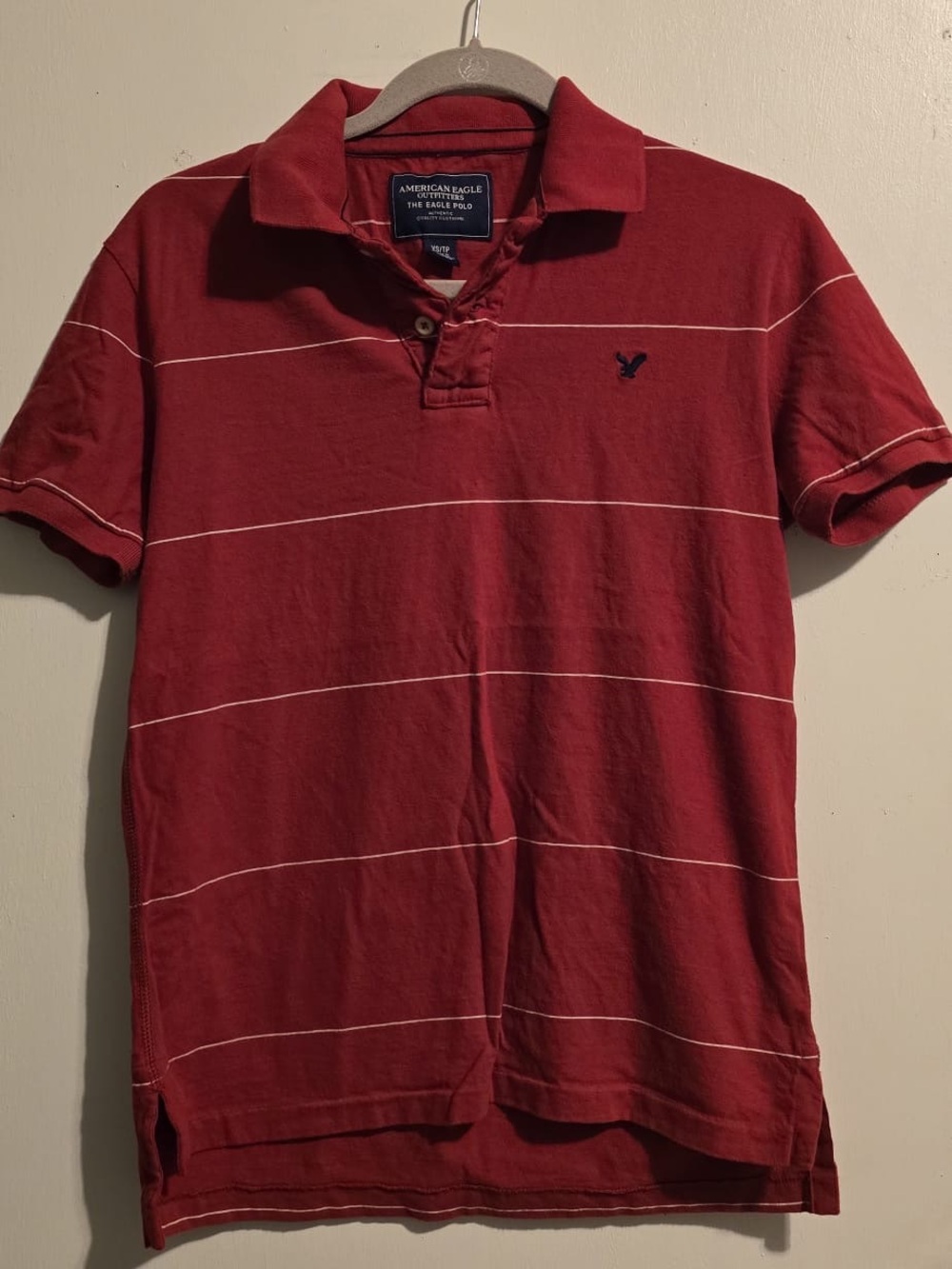 American Eagle Outfitters Deep Red Polo with Thin White Stripes